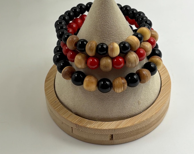 A Hockey Stick  Repurposed Single Strand Bracelets  | Hockey Stick Wood Earrings | Hockey Bracelet | Black onyx or red Coral Gemstones