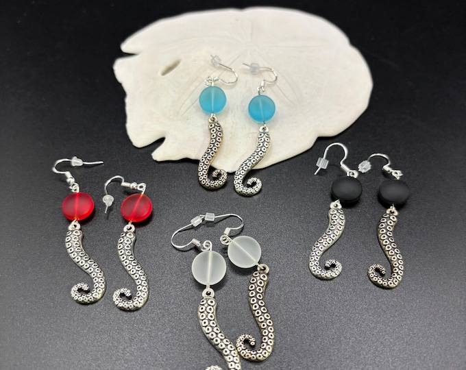 Octopus Tentacles and Seaglass Earrings | Seaglass | Beach Glass Earrings on Sterling Silver
