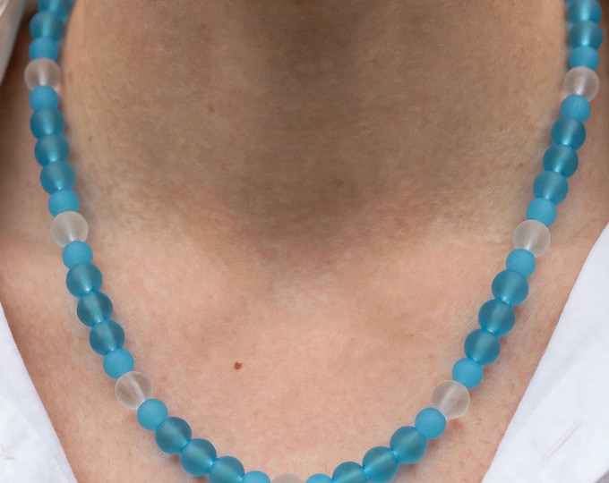 Blue Turquoise with White  Seaglass Necklace Set | Seaglass Necklace | Statement Necklace |  Seaglass Earrings | Necklace and Earrings