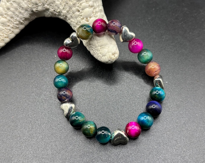 Multi Color Tiger Eye Gemstones | Gemstone bracelet  | Stretch Bracelet | Heart Accents