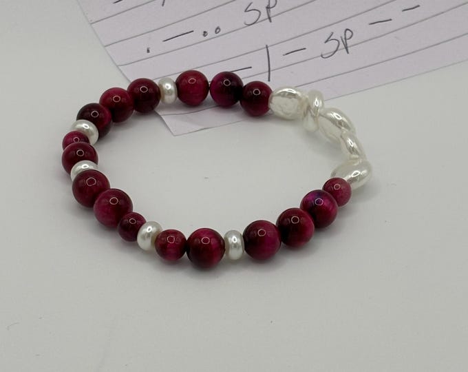 Freshwater Pearl Coins and Tiger Eye Gemstones | Gemstone bracelet | Stretch Bracelet | Morse Code bracelet | Badass