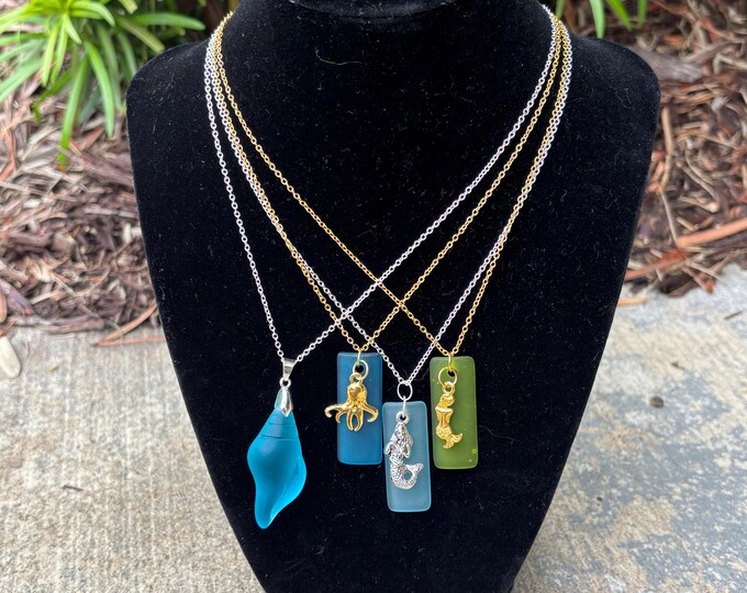 Seaglass Necklaces | Blue and Green Seaglass | Seaglass Necklace with Charm | Seaglass Shell