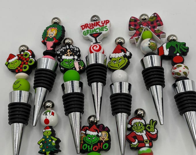 A Christmas Wine Bottle Stopper :  Silicone Beaded Bottle Stopper | Grinch Theme | Drink Up Grinches | Barware