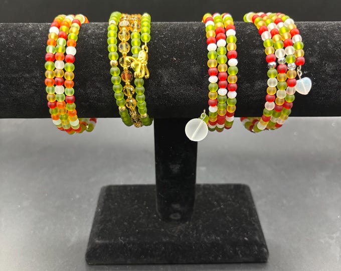 Seaglass Memory Wire Bracelets | Seaglass Jewelry | Beach Glass Bracelet | 4mm Rounds | Red Green Amber and White | Red White Blue | Candy