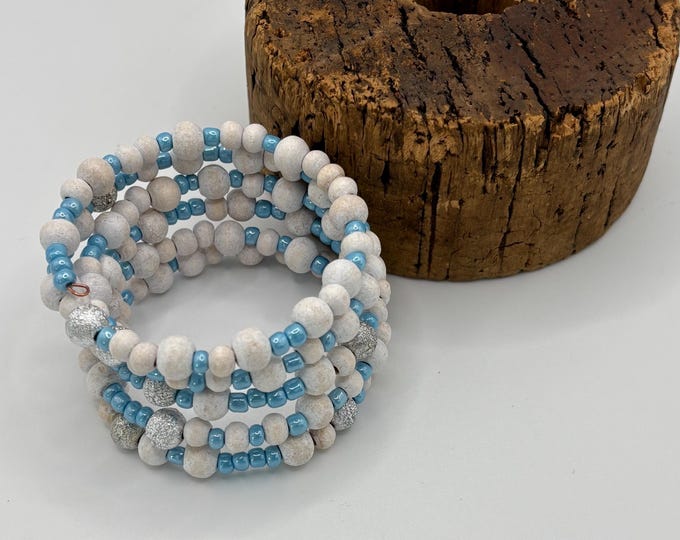 Blue and White Wooden Beads | Memory Wire Bracelet | Multi-Strand Bracelet |