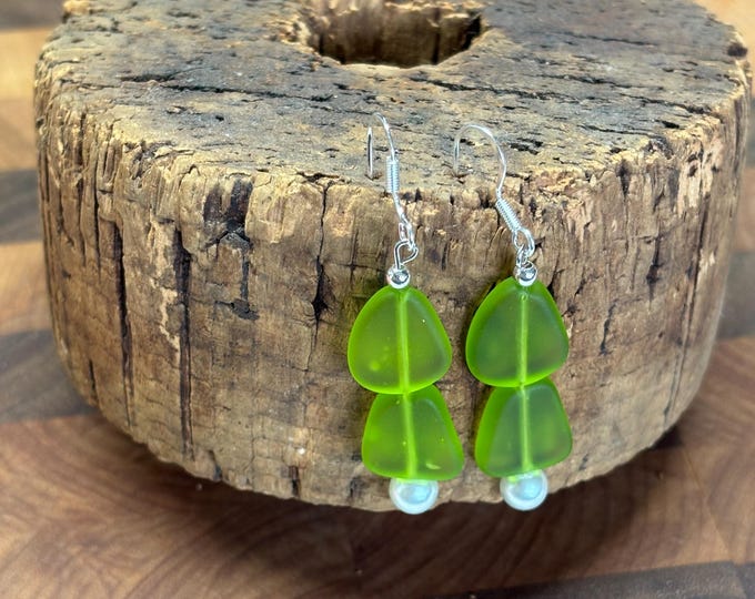 Green Seaglass Earrings | Olive Green Seaglass | Seaglass Earrings with White Pearl |