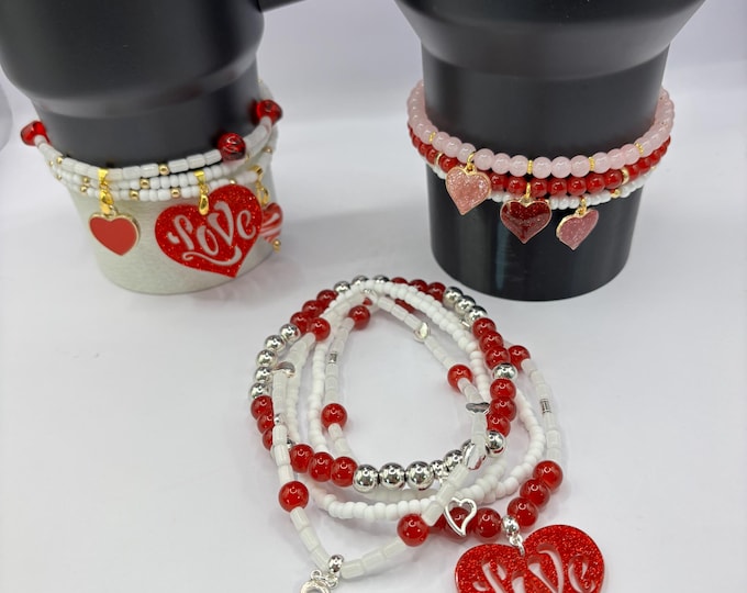 Love Heart Theme  Stanley Cup Bracelets | Tumbler Bracelets | Tumbler Charm Bracelet |  | Stretchy Cup Bracelet | 3 or 5 Stack options