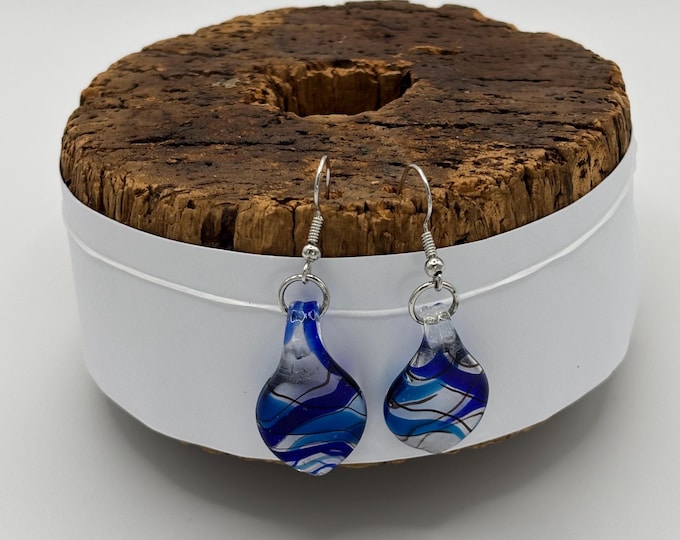 Blue Leaf Murano Inspired Lampwork Glass Drop Earrings: Blue Leaf Lampwork