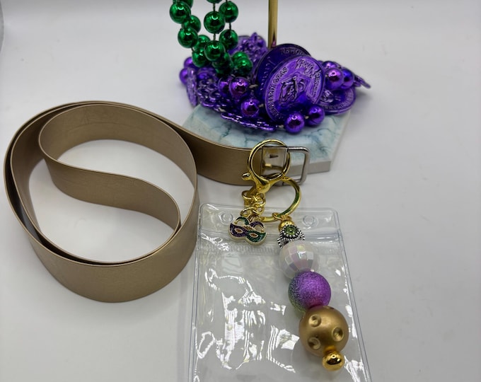 Gold Faux Leather Beaded Lanyard | Mardi Gras Theme | Mardi Gras Beads and Charm | Cruise Lanyard | Badge Sleeve
