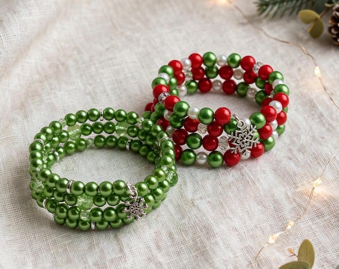 Red and Green Faux Pearls Christmas Bracelet:  Holiday  Jewelry | Multi strand Bracelet | Snowflake charms