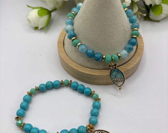 Larimar Gemstone Bracelet | Turquoise Gemstone bracelet  | Fish Charm