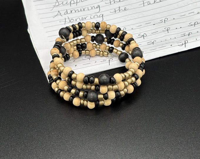 Black and Tan Wooden Beads |  Memory Wire  Bracelet | Morse Code bracelet | Supporting the Fighter Quote