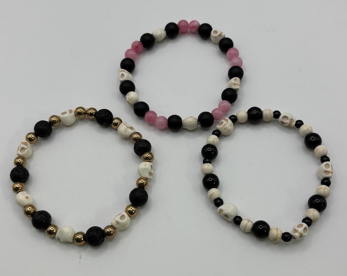 Black Lava and White Howlite  Gemstones | Halloween Gemstone bracelet | Stretch Bracelet | Skull bracelet |