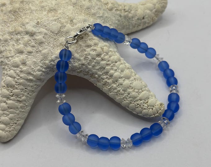 Blue Seaglass Bracelet | Blue Seaglass | Seaglass Bracelet | 6 mm beads with  Crystals