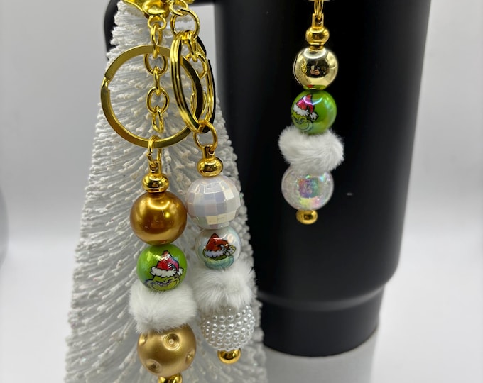 Christmas Grinch with Fur Stanley Cup Straw Charm:  | Straw Charm  | Holiday  | Grinch | Keychain | Purse Charm