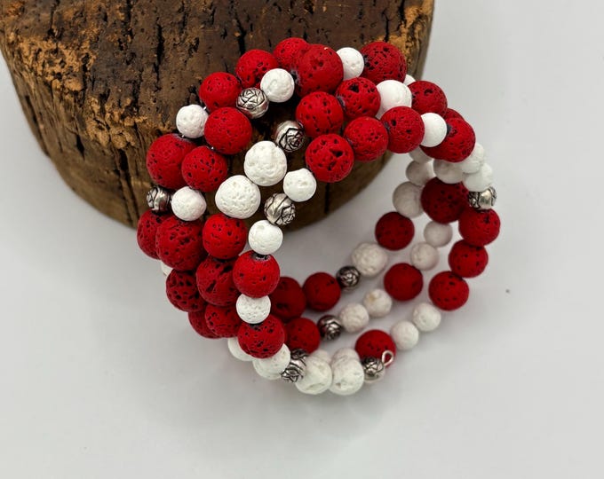 Red Lava and White Lava  | Memory Wire Bracelet | Multi-Strand Bracelet | Diffuser