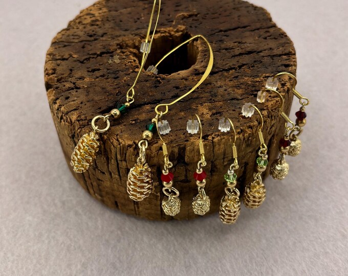 Gold Metal Pine Cone Earrings  | Swarovski Crystal Accents |  Earrings | Pine Cones