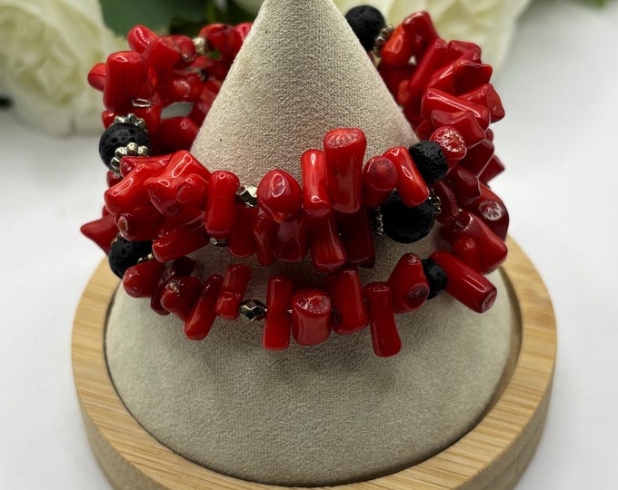 Red Coral and Black Lava Bracelet  | Memory wire bracelet | Multistrand bracelet | Coral gemstones | Lava Rock  | Diffuser