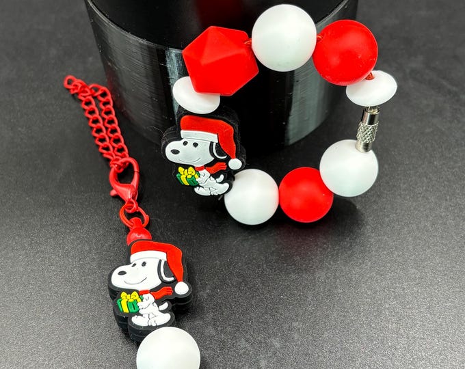 Christmas Beagle Snoop Tumbler Cup Set :  Cup Handle Bracelet | Straw Charm | Purse Bracelet | Cartoon Inspired |