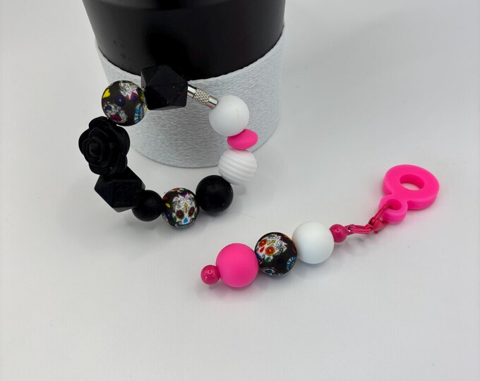 Sugar Skulls White Pink and Black Stanley Cup Bracelet:  Cup Handle Bracelet | Straw Charm | Purse Bracelet | Halloween | Skull