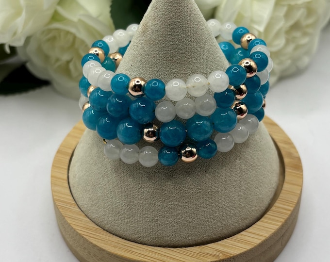 Blue Chalcedony and White Jade bracelet | Memory wire bracelet | Multistrand bracelet | gemstones |