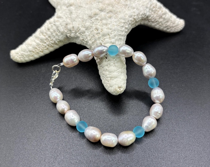 Freshwater Pearl and Blue Seaglass Bracelet | Freshwater Pearls | Seaglass Bracelet | Pearl Bracelet | Something Blue