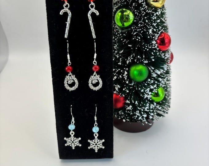 Christmas Earrings | Holiday Earrings | Christmas Earrings | Sterling Silver Ear Wires | Candy Cane | Snowflake | Wreath