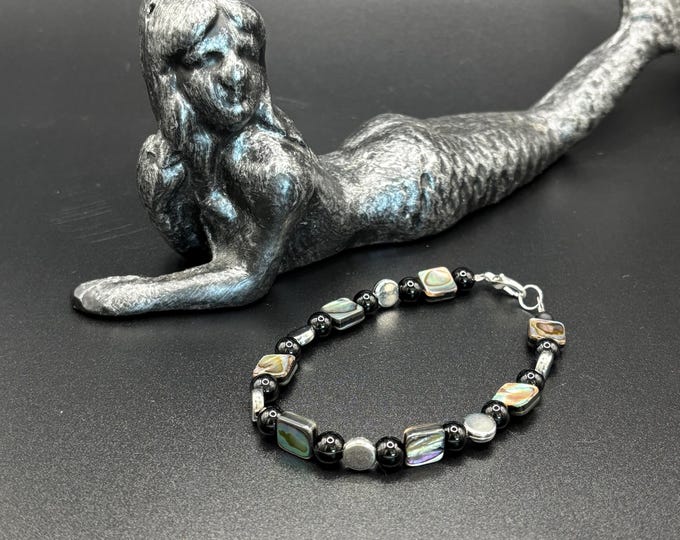 Abalone and Black Onyx Bracelet | Onyx Bracelet | Abalone Bracelet | Gemstone Bracelet | Shell Bracelet