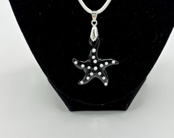 Black and White Polka Dot | Starfish Necklace | Glass Starfish Pendant | Starfish Jewelry | Starfish Pendant Necklace | Necklace Cord