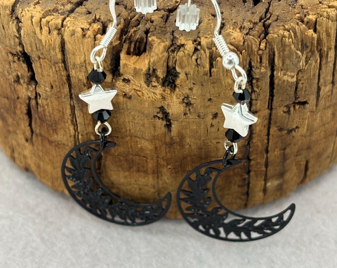 Filagree Black Moon Earrings  | Silver Star Accents |  Moon and Star Earrings |