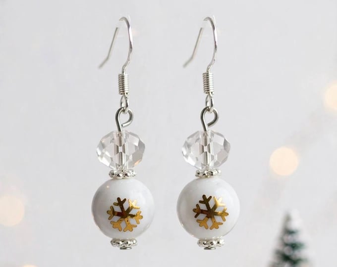 Snowflake Glass Earrings | Holiday Earrings |  Crystal Accent | Christmas Earrings |