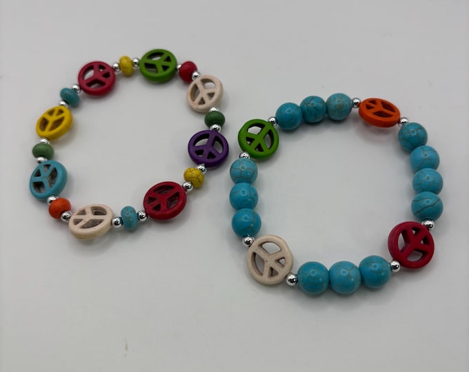 Turquoise Howlite  Peace Sign Gemstone Bracelet | Stretch Bracelet | Peace sign Bracelet