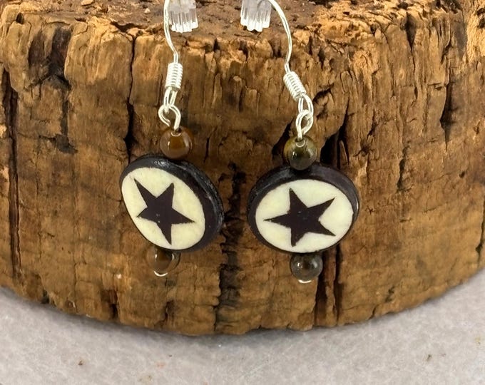 Wood Inlay Star Earrings  | Silver  Ear Wire | Wood  Earrings