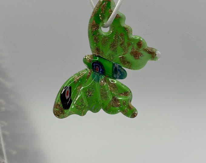 Butterfly Murano Inspired Glass Butterfly  | Millefiori Lampwork | Lampwork Pendant |  Christmas Pendant | Holiday pendant | Green Butterfly