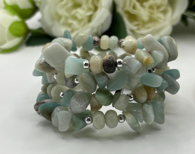 Amazonite Gemstone Bracelet | Statement Wrap Bracelet  | Memory wire bracelet | Multistrand bracelet  | Lava Rock | Diffuser Bracelet