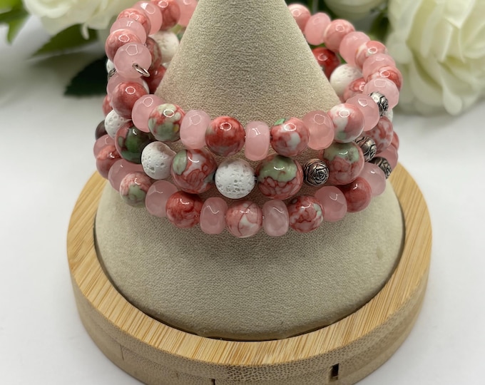 Rain Flower Jade and Pink Jade bracelet | Memory wire bracelet | Multistrand bracelet | gemstones | White Lava Diffuser Beads