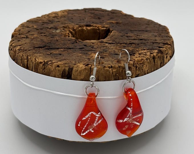 Red Leaf Drop Earrings |  Murano Inspired Lamp Work  |  Colorful Glass Earrings