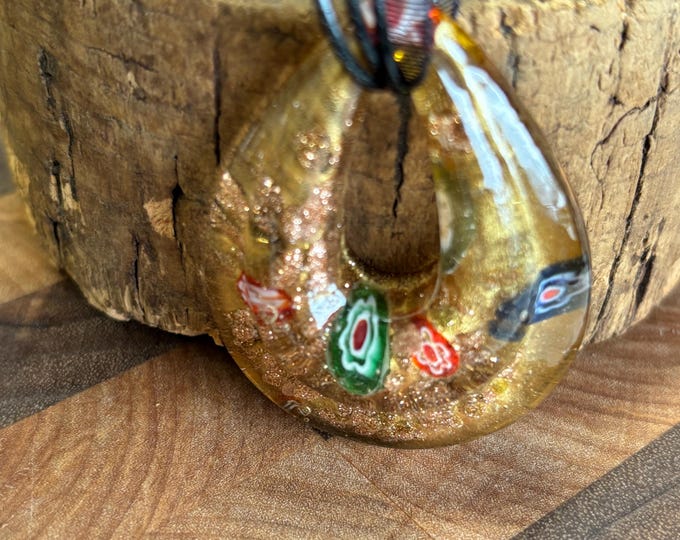Millefiori Glass Tear Drop Necklace | Glass Pendant Necklace | MilleFiori Jewelry | Glass Teardrop Pendant | Necklace With Cord