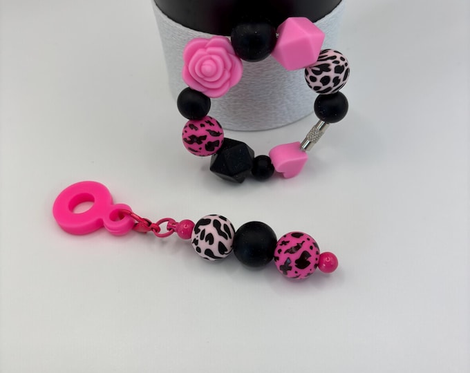 Girly Hot Pink and Black Stanley Cup Bracelet:  Cup Handle Bracelet | Straw Charm | Purse Bracelet | Animal Print