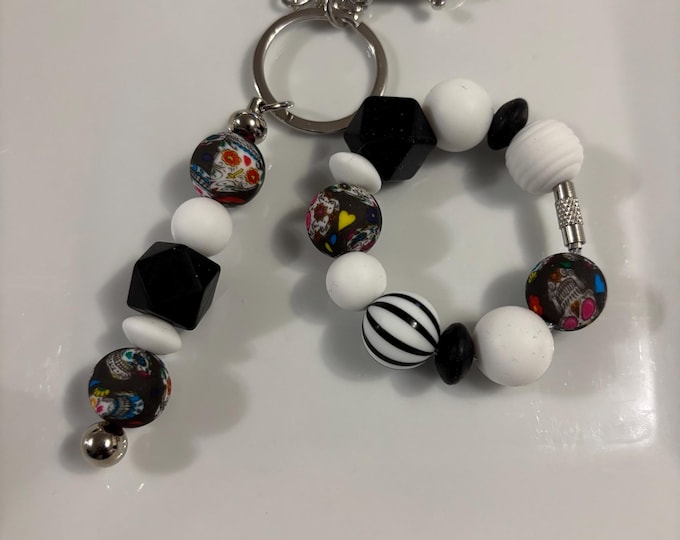 Sugar Skulls White  and Black Stanley Cup Bracelet:  Cup Handle Bracelet | Straw Charm | Purse Bracelet | Halloween | Skull