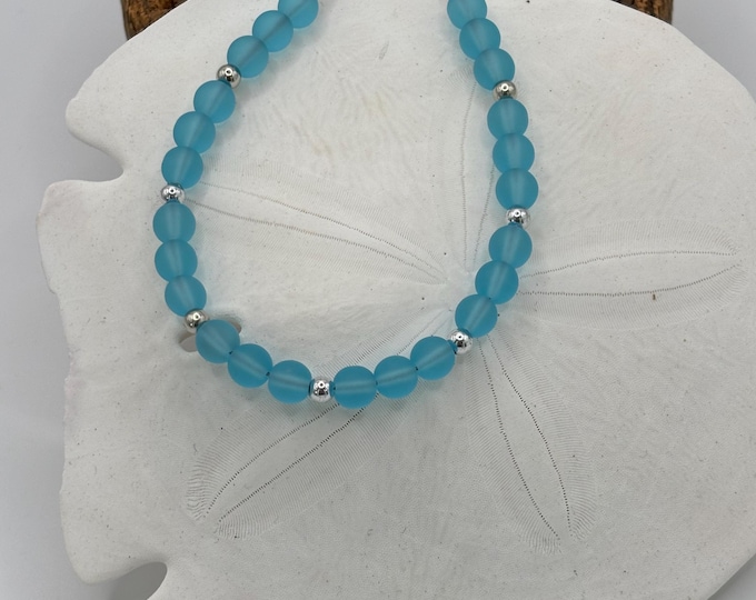Turquoise Blue Seaglass Bracelet | Blue Seaglass | Seaglass Bracelet | 6 mm beads with silver accent beads