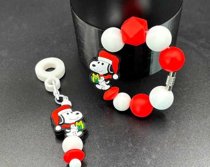 Christmas Beagle Snoop Tumbler Cup Set :  Cup Handle Bracelet | Straw Charm | Purse Bracelet | Cartoon Inspired |