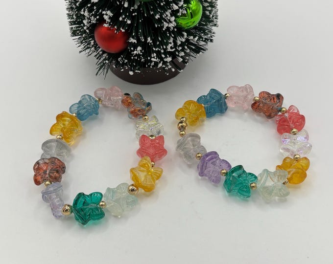Lampwork Glass Christmas Bracelet:  Holiday  Jewelry Stretch Bracelet | Bells and Bows | 2 Sizes available