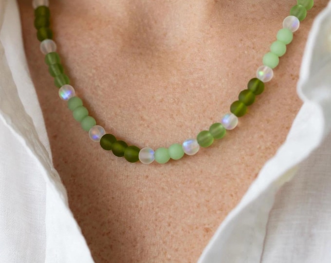 Shades of Green Seaglass Necklace | Seaglass Necklace | 6mm Beads | Statement Necklace