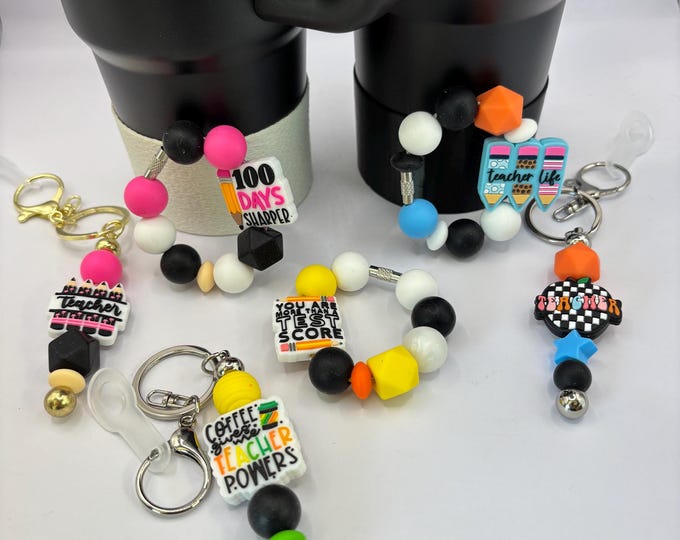 Teacher Theme  Stanley Cup Bracelet:  Cup Handle Bracelet | Straw Charm | Purse Bracelet | Teacher Gift | Keychain