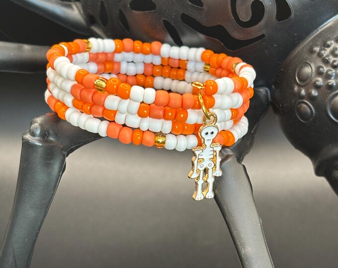 Halloween Seed Bead Bracelet: Skeleton Charm, Multi Strand