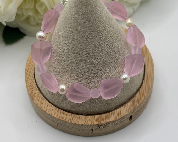 Pink Seaglass Bracelet | Pink Seaglass |  Freshwater Pearls | Seaglass Nugget  Bracelet