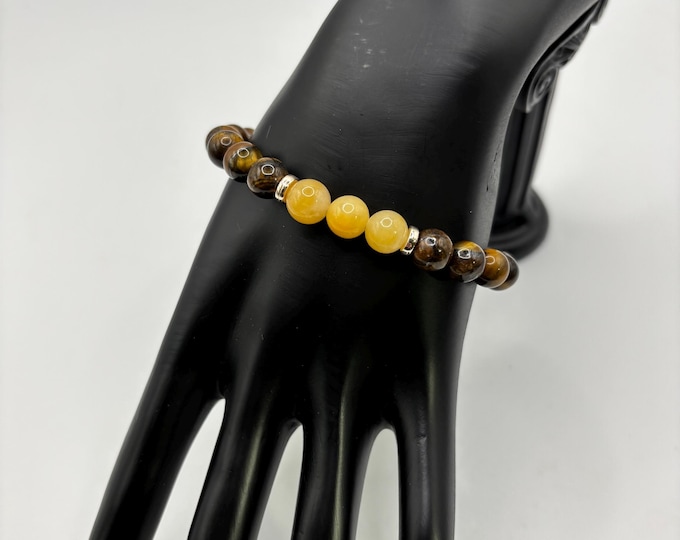 Birth Month November Gemstone Bracelet | Yellow Jade Gemstone Beads | Tiger Eye Gemstones  | Stretch Bracelet