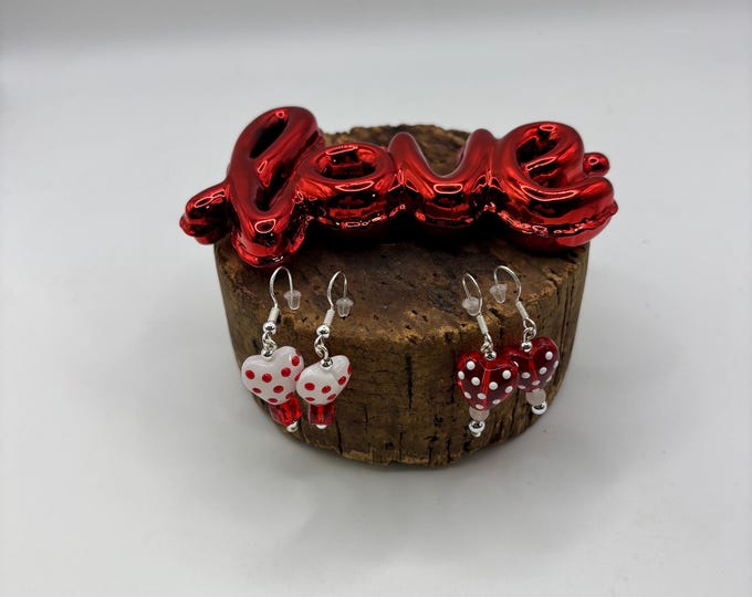 Red and White Heart Lampwork Earrings  |  Valentine Earrings | Glass  Heart Earrings