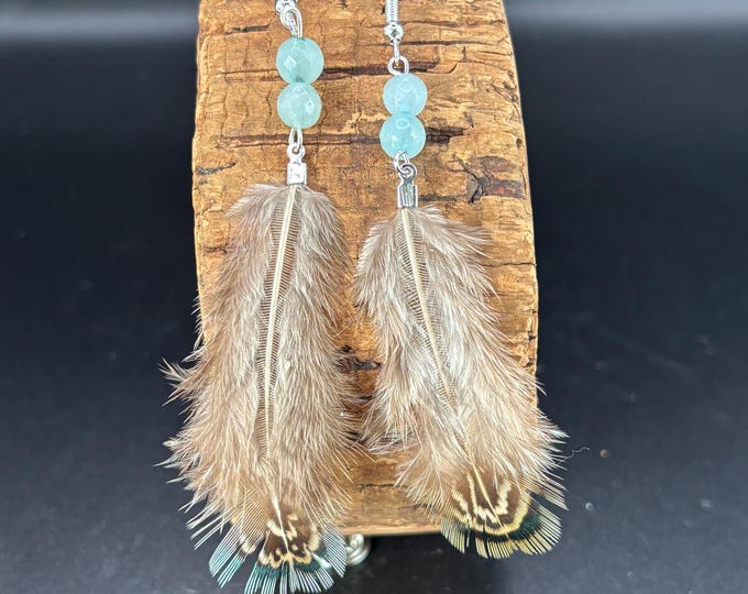 Pheasant Feather Earrings | Bohemian Earrings | Sterling Silver Feather Earrings | Aquamarine Accent  | Boho Style